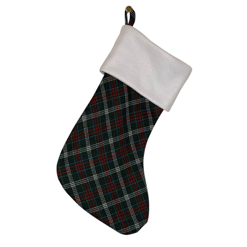 Handmade Christmas Stocking: Vintage Plaid Green and Red with White Cuff 17.5 In